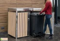 Cache Poubelle Extérieur Double Inox Imitation Bois – 2x 240 Litres -Refuge Jardin cache poubelle 2 portes westmann wmhhwtc 51