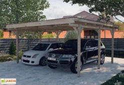 Carport Double En Bois De Pin Traité Et PVC - 25 M²