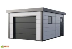 Garage En Métal Avec Porte Motorisée – 19,3 M² -Refuge Jardin garage acier porte motorisee gris blanc