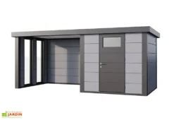 Abri De Jardin En Métal Avec Auvent Vitré Lounge – 12,5 M² -Refuge Jardin remise jardin auvent vitre gauche gris